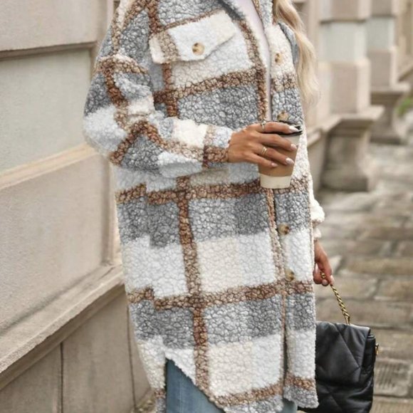 ❤️ SALE Women’s Long Plaid Teddy Jacket Womens Shacket Plaid Jacket - Picture 7 of 7
